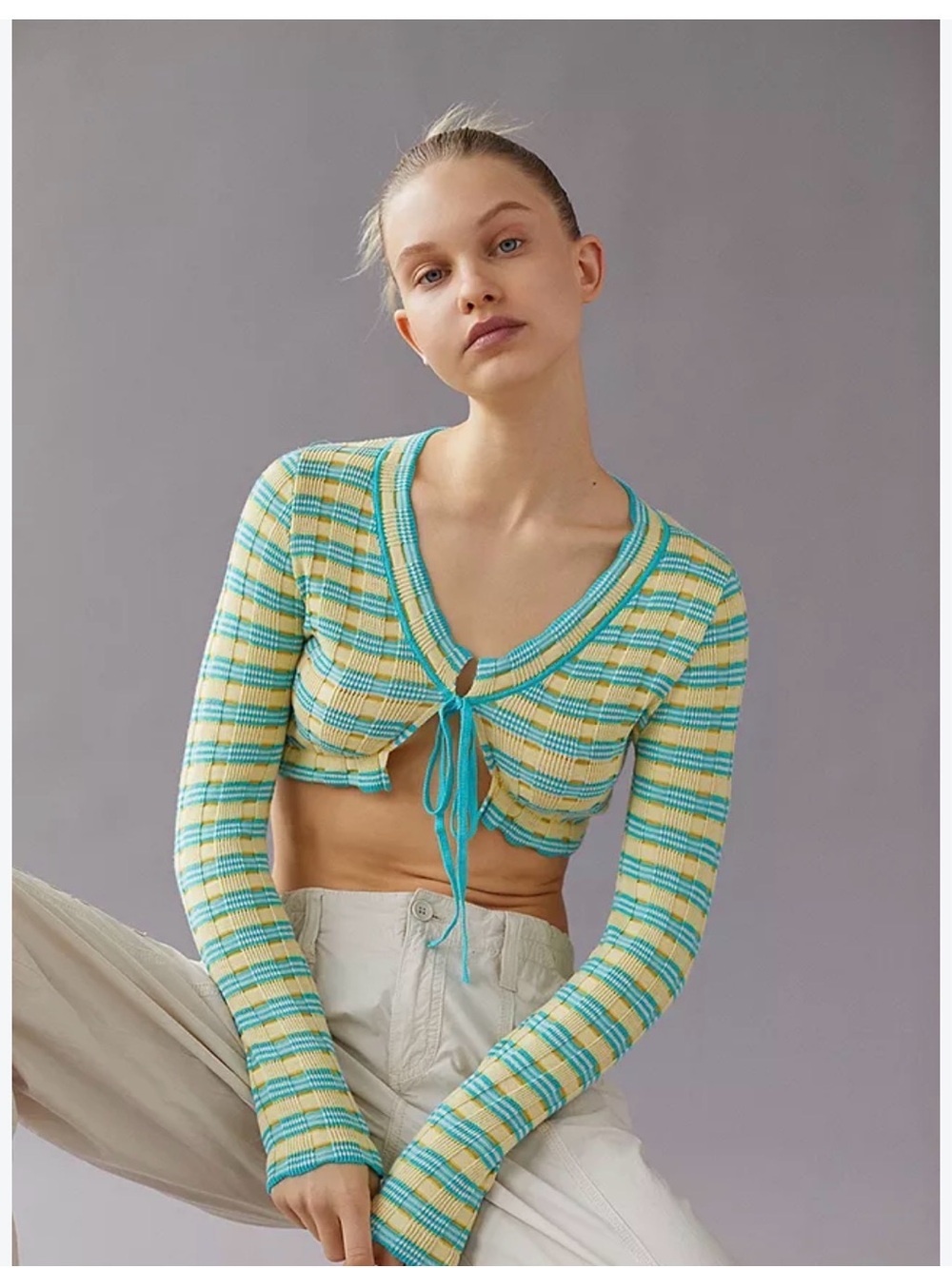 Urban Outfitters Mimi Yellow & Teal Striped Tie-Front Cropped Long Sleeve Top